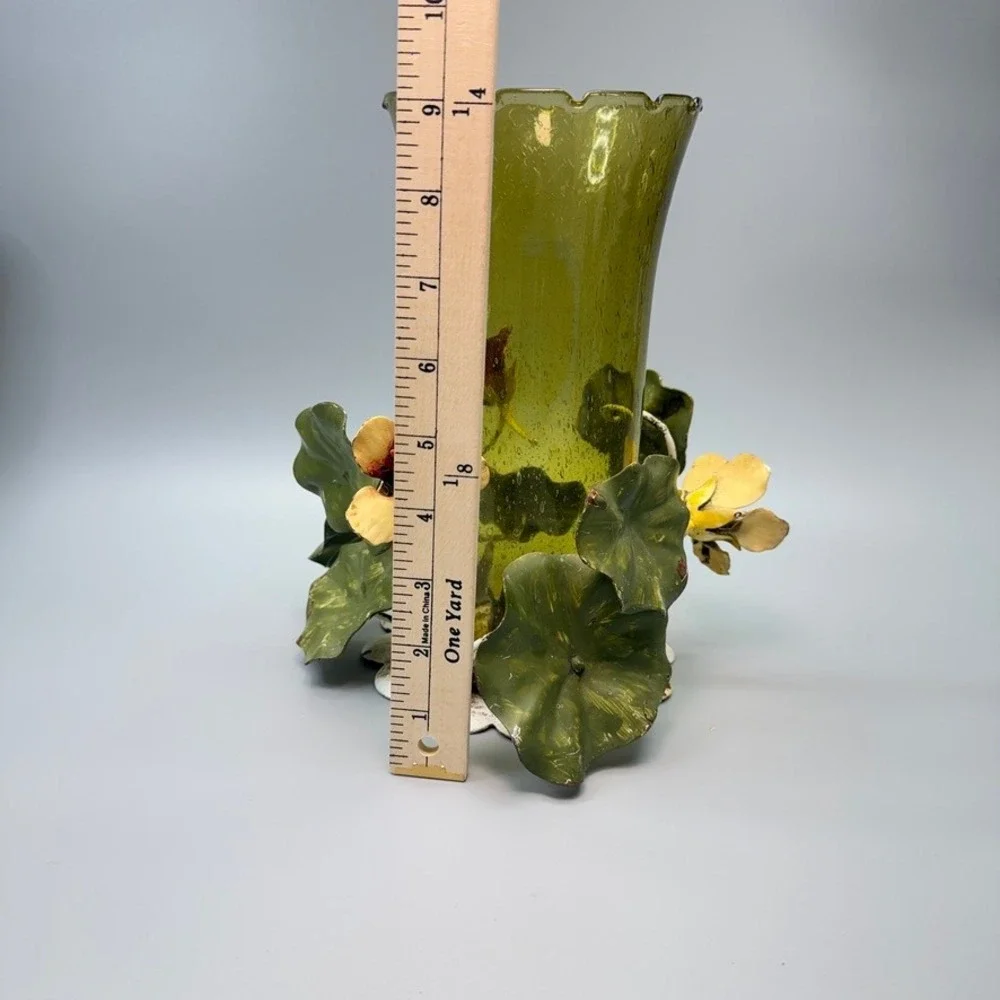 Vintage Walter Hatches Floral Tole Green Hurricane Glass Table Candle Holder